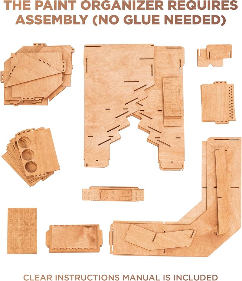 Plydolex Plywood Corner Model Paint Organizer - 32 Bottle & 46 Brush Slots Rack, 3 Shelves, 6 Stands & a Photo-Shooting Scene - Suits Tamiya, Vallejo, Citadel Paints - Works for Warhammer 40K, DnD - Image 3